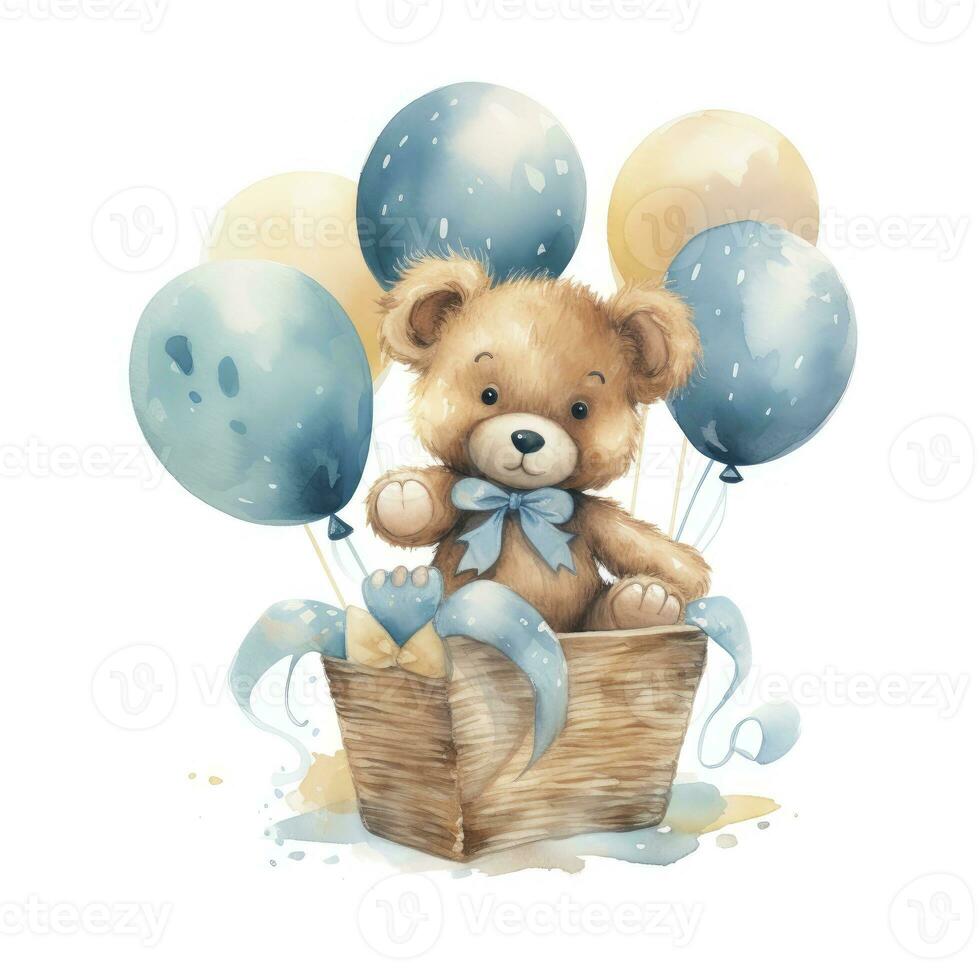 AI generated A watercolor baby teddy bear is sitting in the basket with blue and gold balloons. AI Generated photo