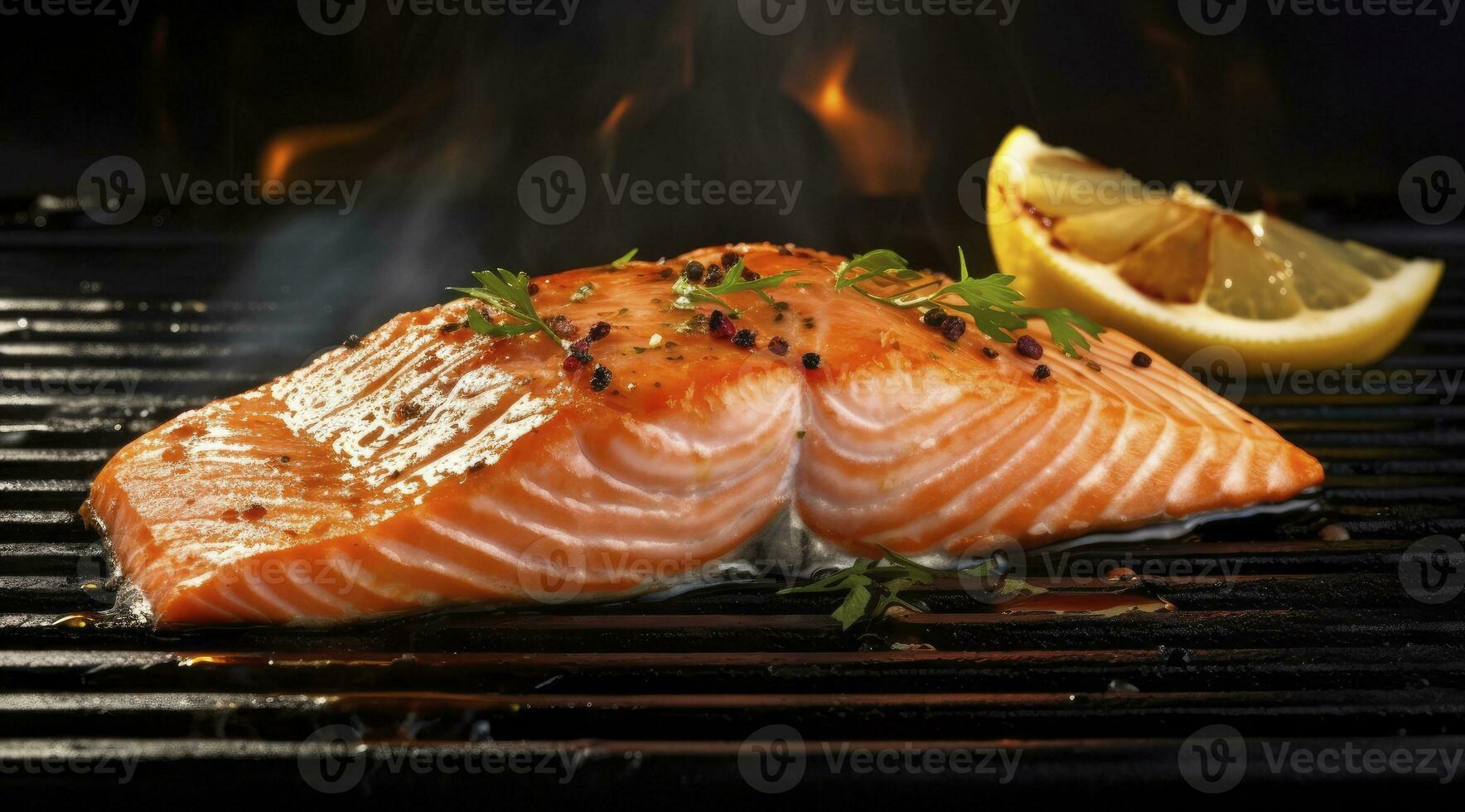 AI generated Gourmet cutlet of fresh salmon seasoned with herbs, spices, and lemon zest grilling on a griddle. AI Generated. photo