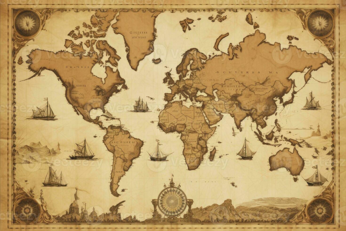 AI generated Great detailed illustration of the world map in vintage style. AI Generated photo