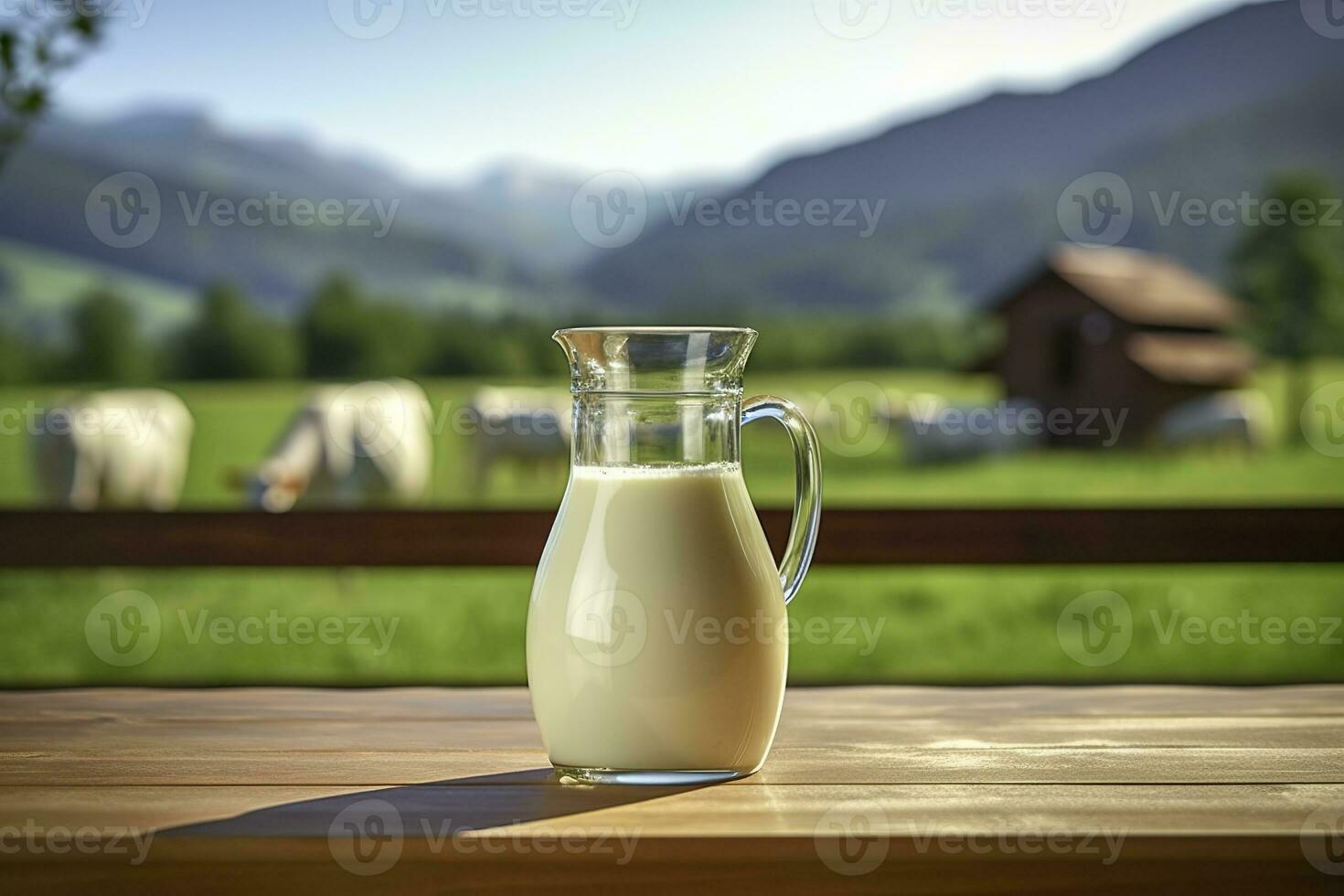 AI generated Glass pitcher with fresh milk on a wooden table. AI Generated photo