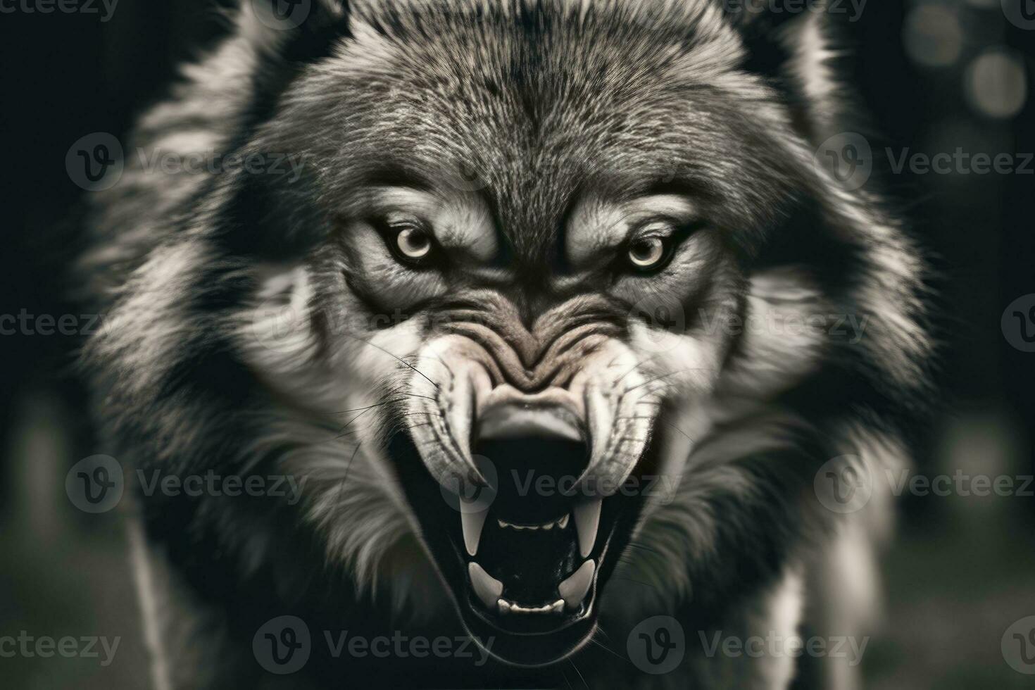 AI generated Greyscale closeup shot of an angry wolf with a blurred background. AI Generated photo