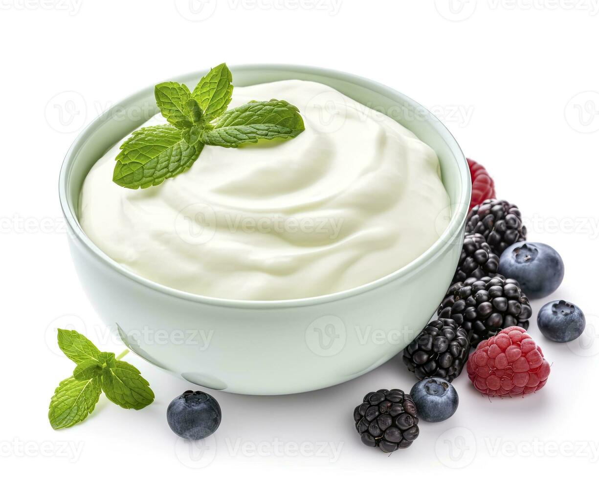 AI generated Green bowl of greek yogurt and fresh berries isolated on white background. AI Generated photo