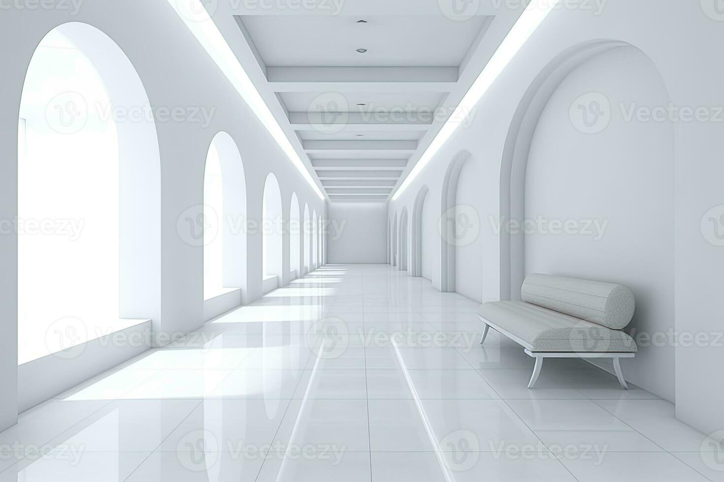 AI generated Interior design of a modern luxurious white building corridor or hallway with waiting seat. AI Generated photo