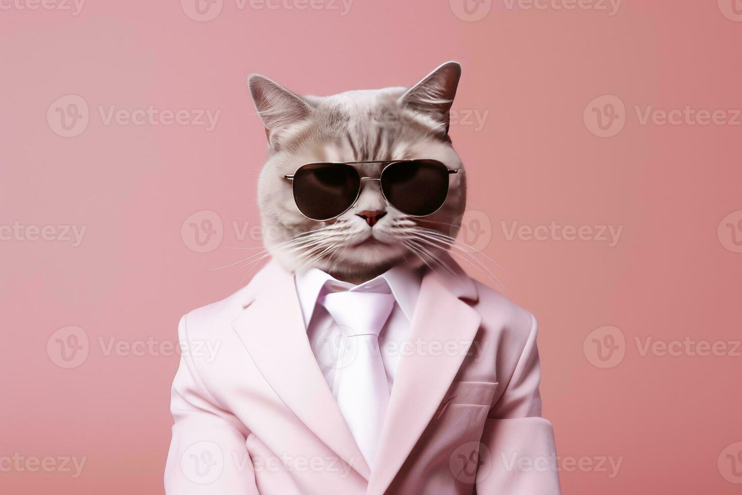 AI generated A cat is wearing sunglasses and suit on Pink Background. AI Generated photo