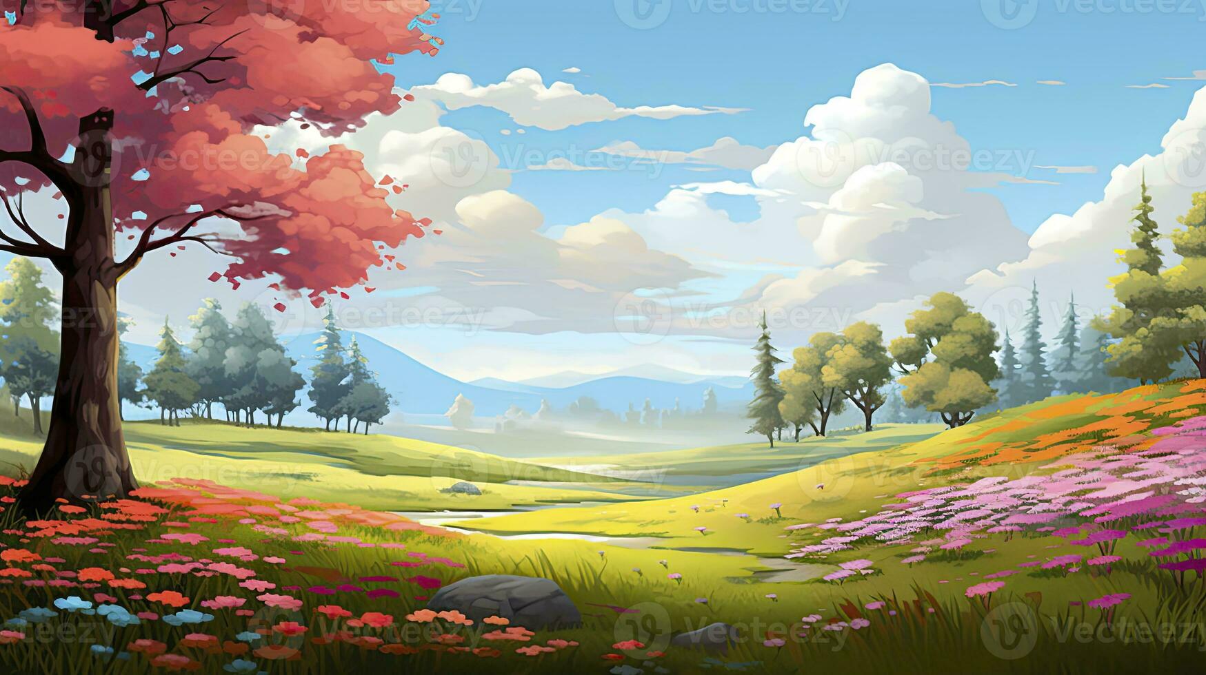 AI generated Spring season with colorful flowers and trees in a pretty meadow or field. AI Generated. photo