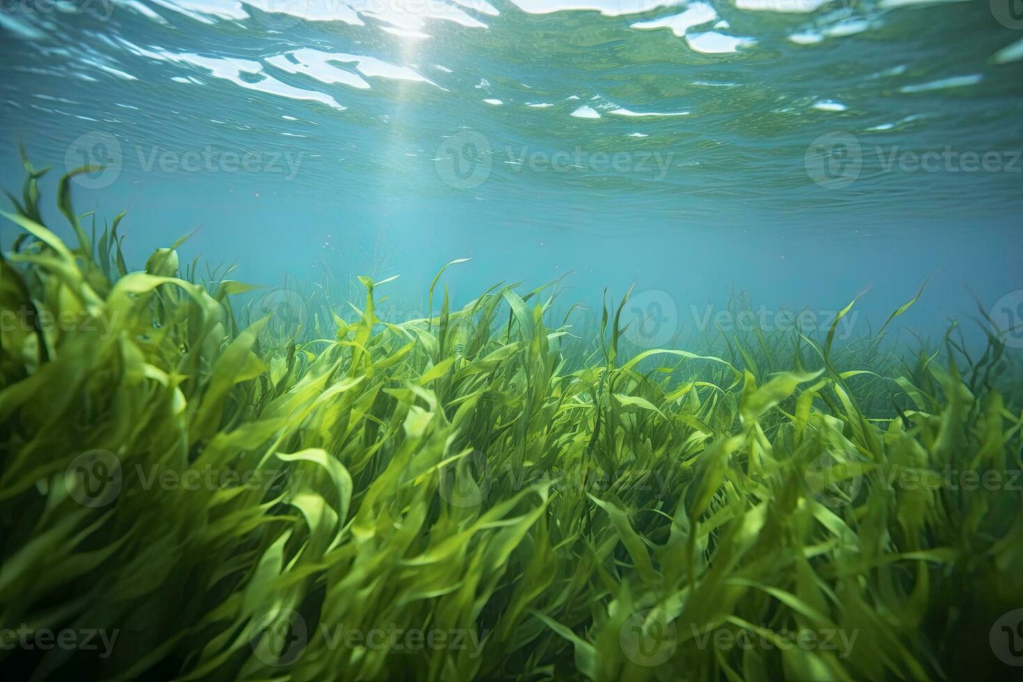 AI generated Underwater view of a group of seabed with green seagrass. AI Generated photo