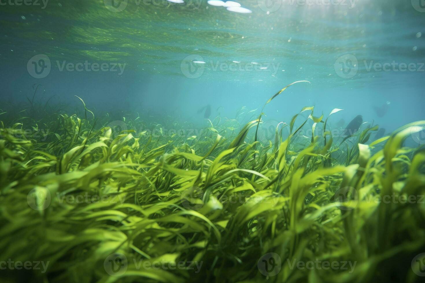 AI generated Underwater view of a group of seabed with green seagrass. AI Generated photo