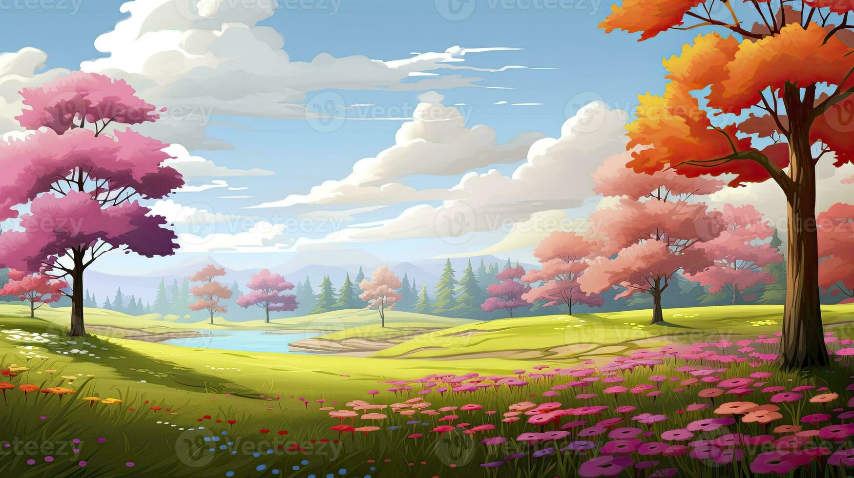 AI generated Spring season with colorful flowers and trees in a pretty meadow or field. AI Generated. photo