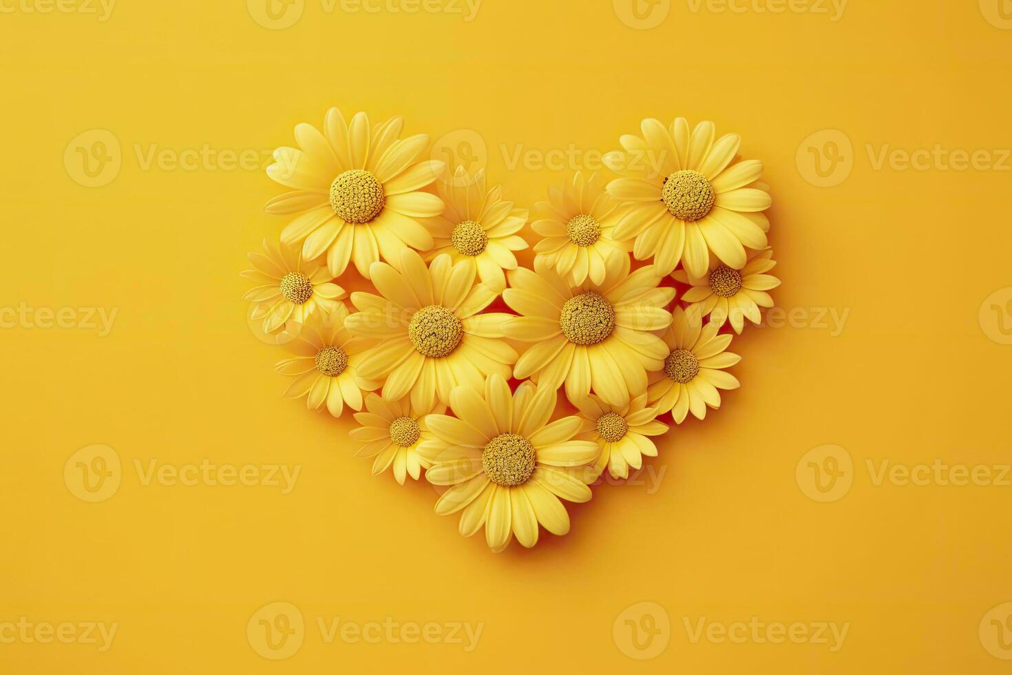 AI generated Yellow Heart Shaped By Yellow Daisies Over Yellow Background. AI Generated photo