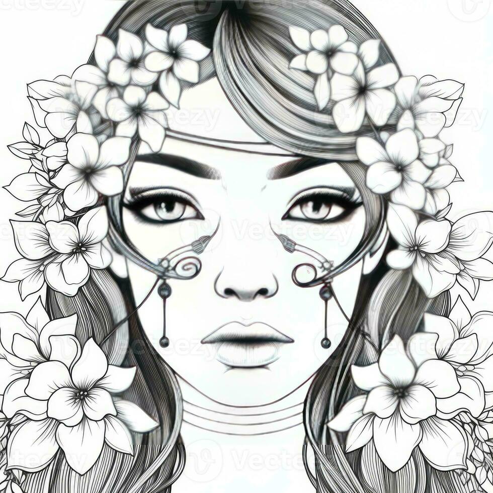 AI generated A girl on a coloring book page with Jasmine flowers. AI Generated photo