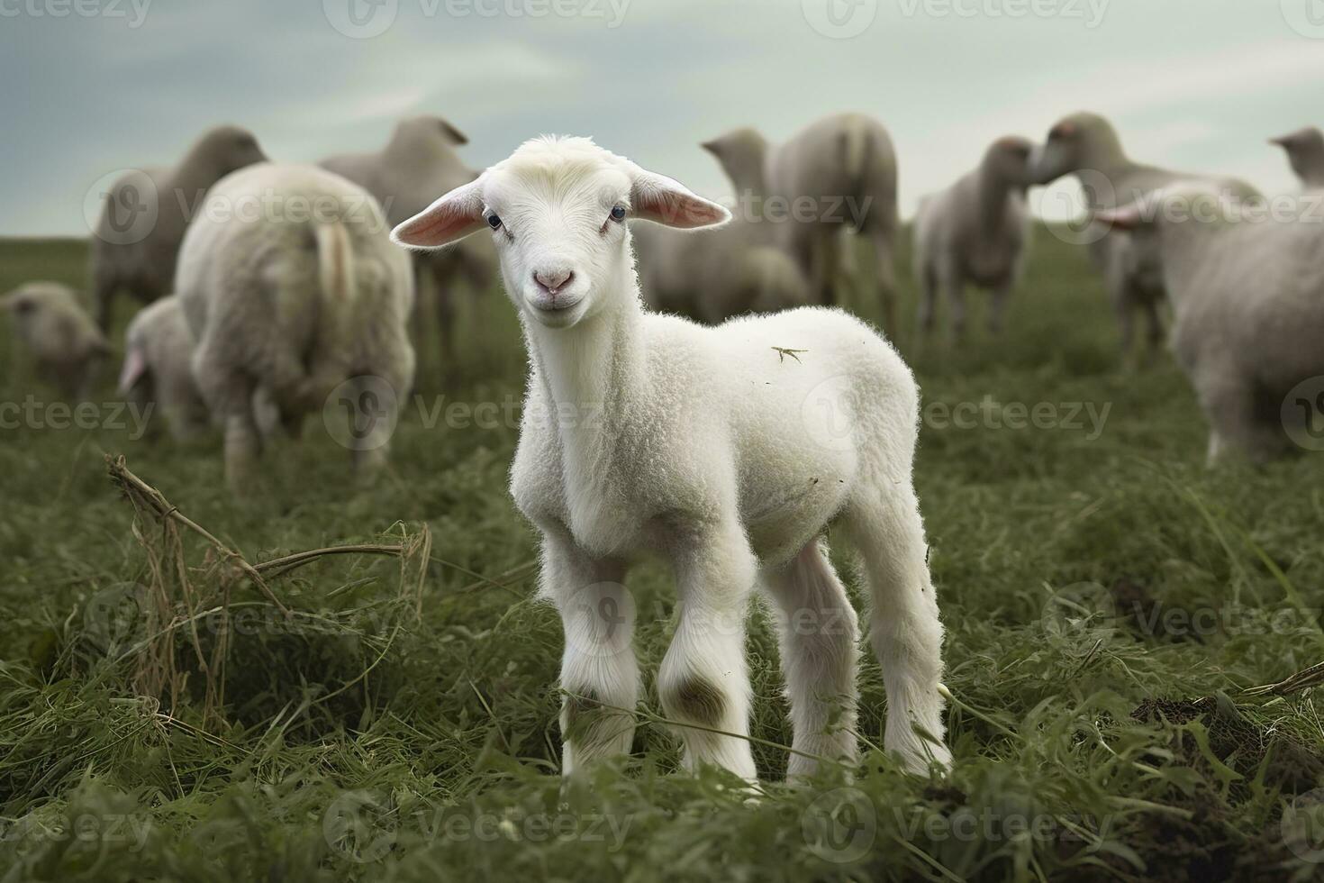 AI generated White lamb in a field in front of other animals. Generative AI photo