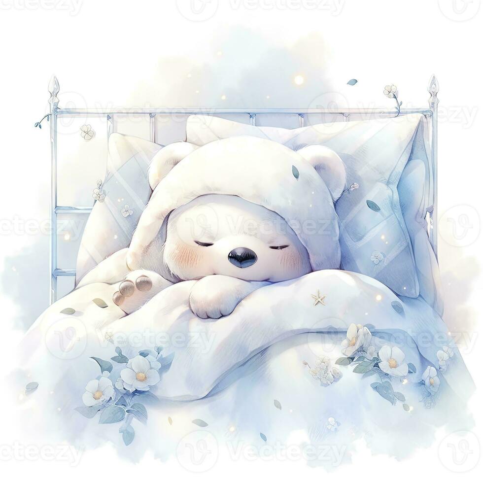 AI generated A sleepy baby white bear in bedding. watercolor illustrations. AI Generated photo