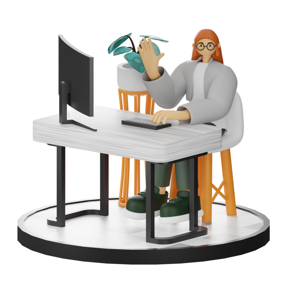 3D Illustration of a Teenage Female Programmer at the Computer Desk png