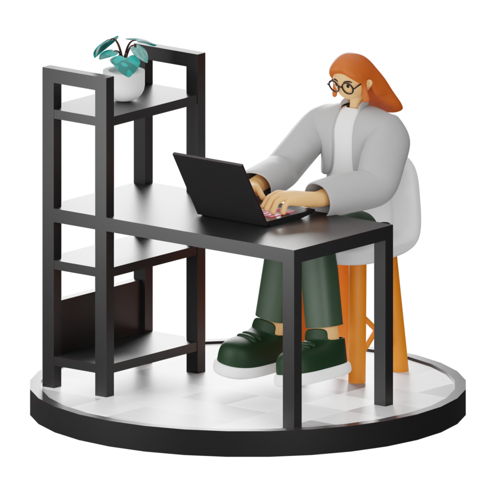 3D Illustration of a Teenage Female Programmer at the Computer Desk png