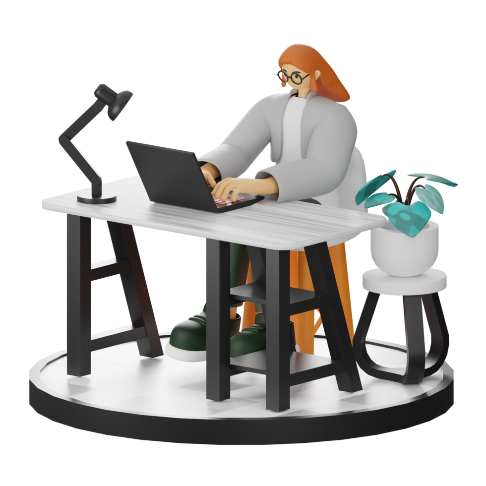 3D Illustration of a Teenage Female Programmer at the Computer Desk png