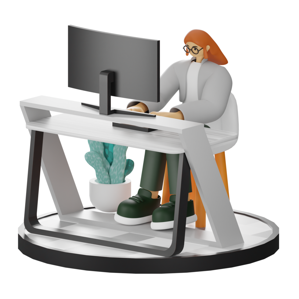 3D Illustration of a Teenage Female Programmer at the Computer Desk png