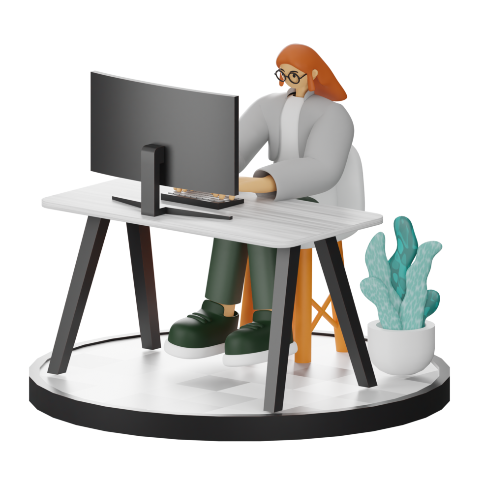 3D Illustration of a Teenage Female Programmer at the Computer Desk png