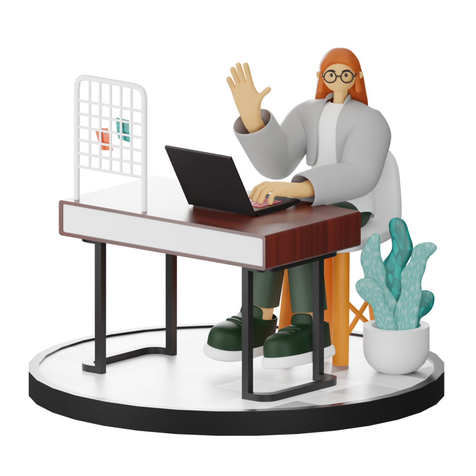 3D Illustration of a Teenage Female Programmer at the Computer Desk png
