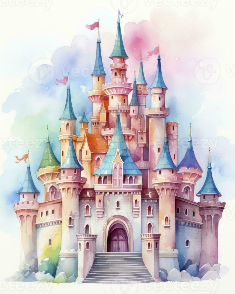 AI generated Colorful watercolor kawaii castle isolated on white background. AI Generated photo