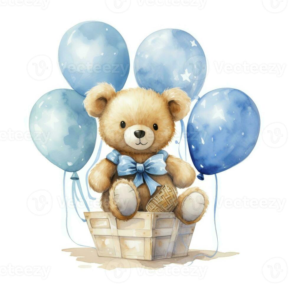 AI generated A watercolor baby teddy bear is sitting in the basket with blue and gold balloons. AI Generated photo