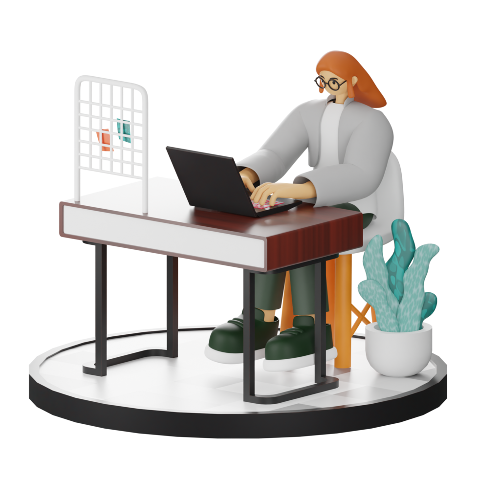 3D Illustration of a Teenage Female Programmer at the Computer Desk png