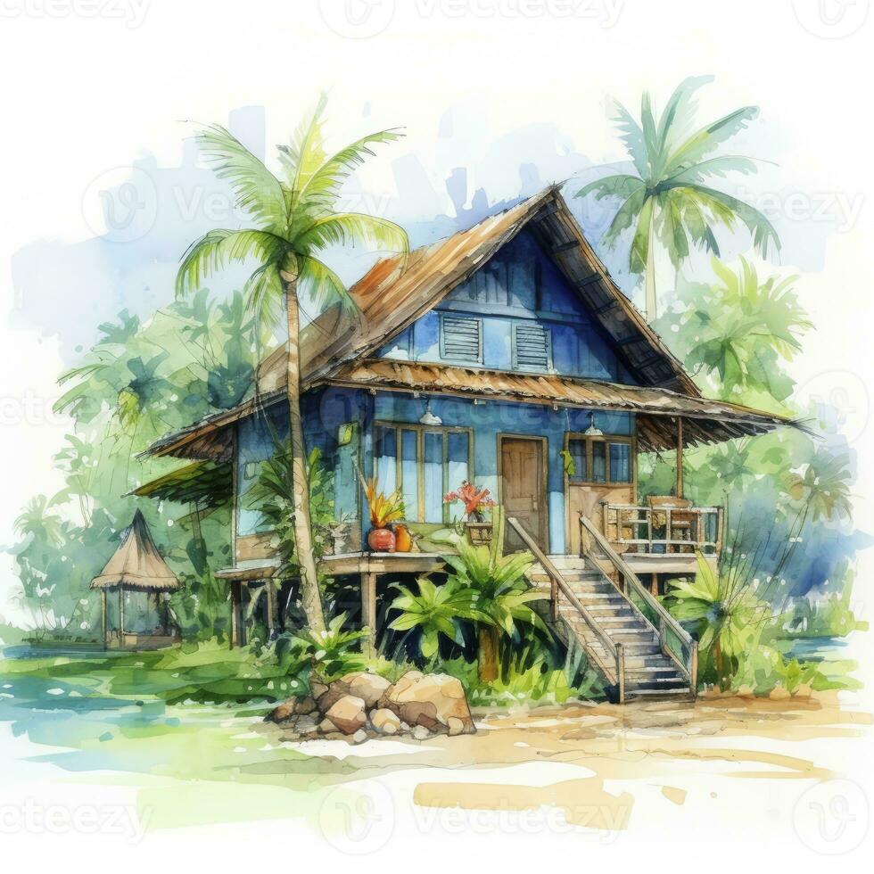 AI generated A watercolored bright serene image of a traditional bahay kubo. AI Generated photo