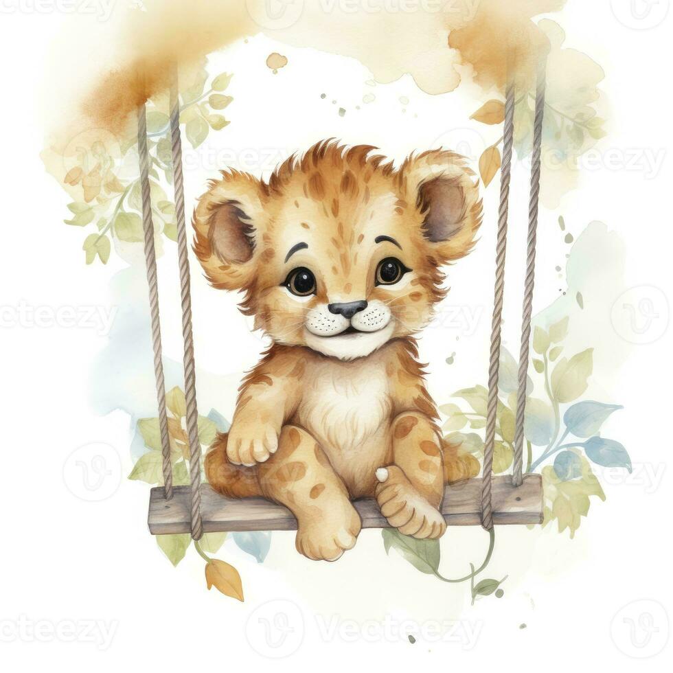 AI generated Cute happy baby lion on swings attached to the tree in watercolor style. AI Generated photo