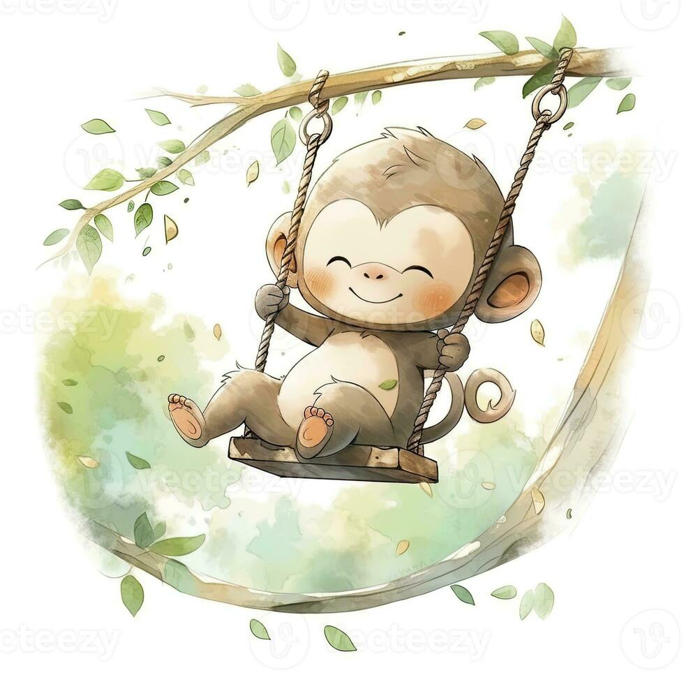 AI generated Cute happy baby monkey on swings on a tree in watercolor. AI Generated photo