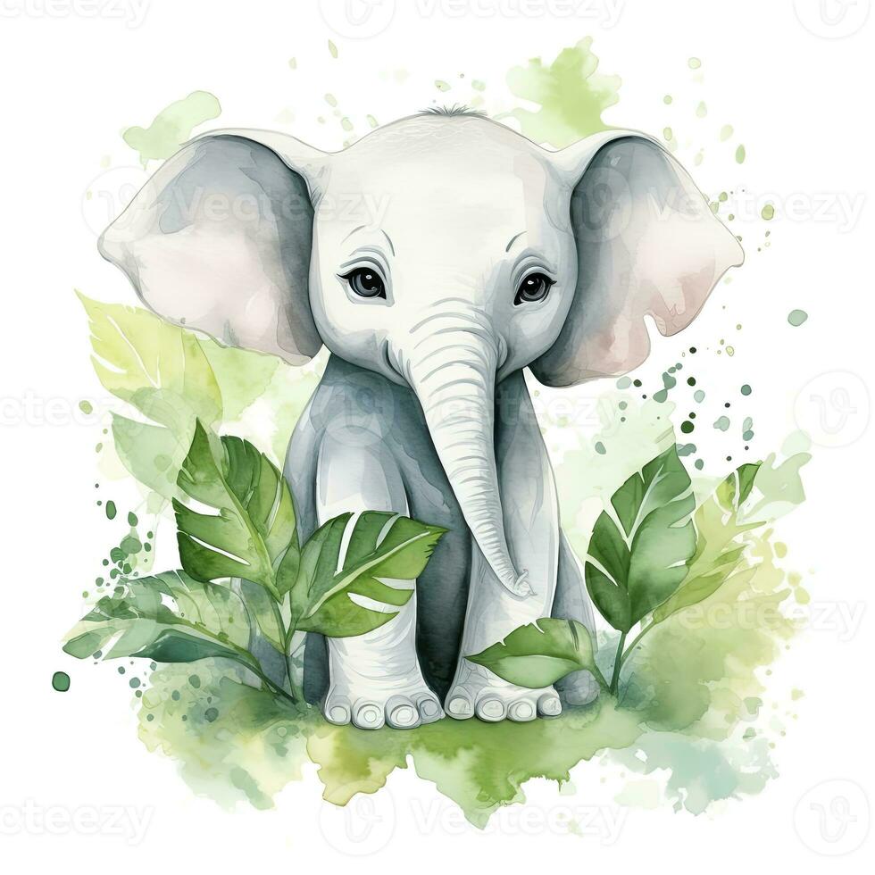 AI generated Happy cute baby elephant in green leaves in the watercolor style. AI Generated photo