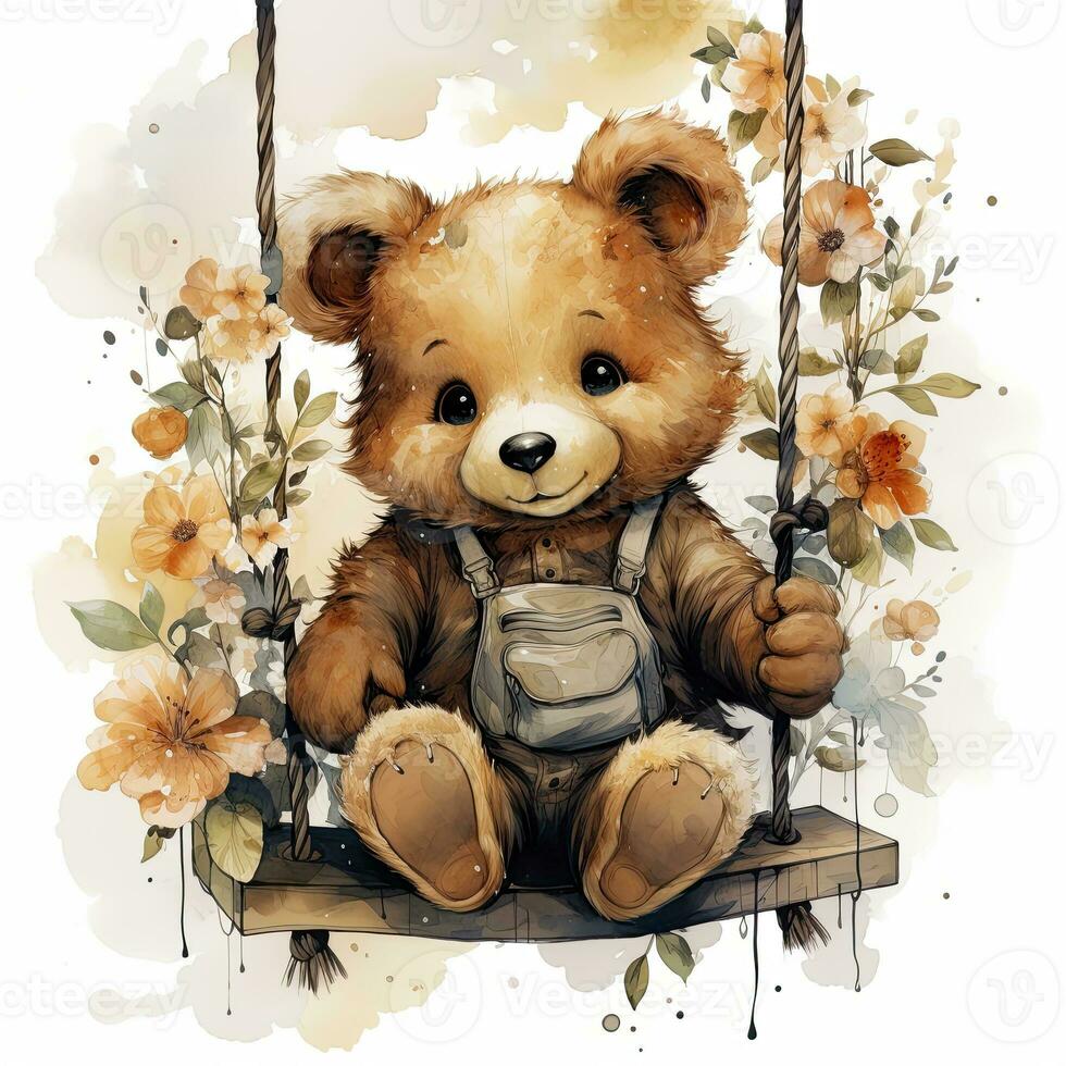 AI generated A cute happy teddy bear swings on a tree on a white background. AI Generated photo