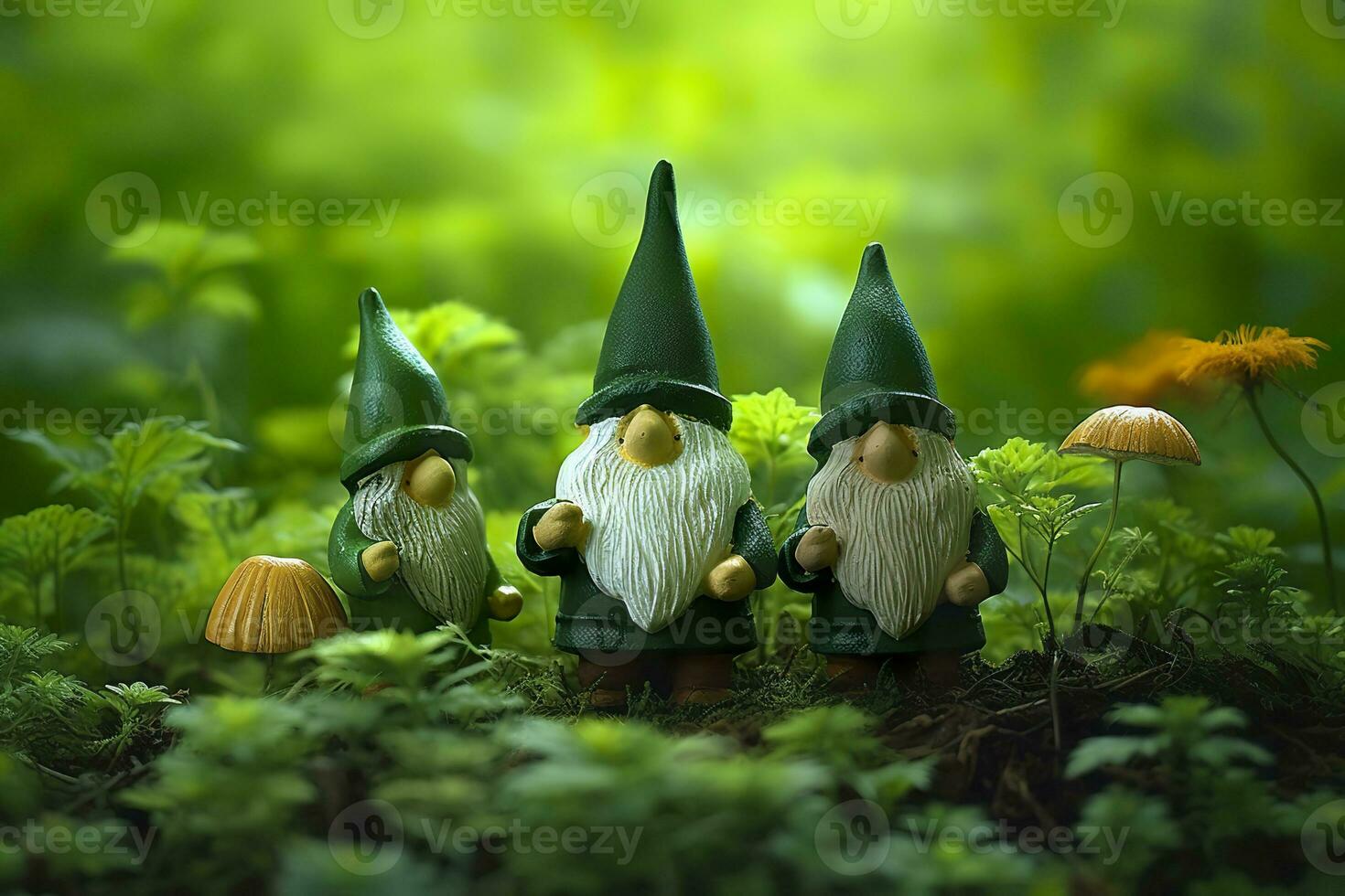 AI generated Toy Irish gnomes in a mystery forest, abstract green natural background. Generative AI photo