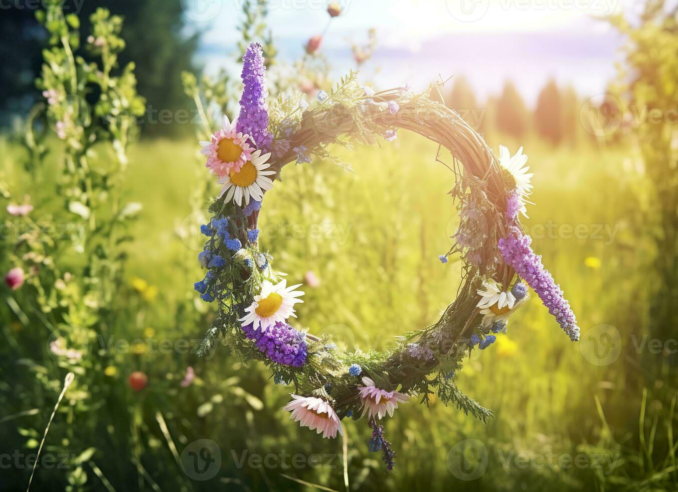 AI generated Rustic wildflowers wreath on a sunny meadow. Summer Solstice Day, Midsummer concept. Generative AI photo