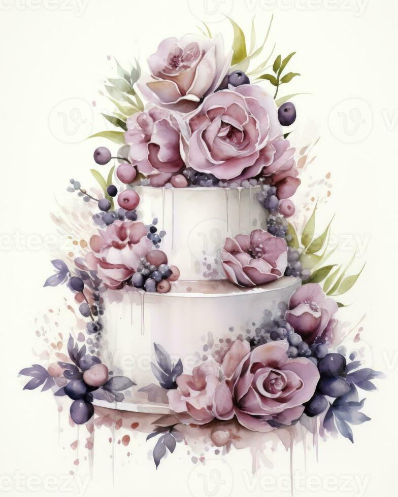 AI generated Watercolor wedding cake isolated on white background.  AI Generated photo