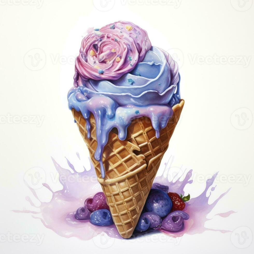 AI generated Watercolor ice cream in a waffle cone. AI Generated photo