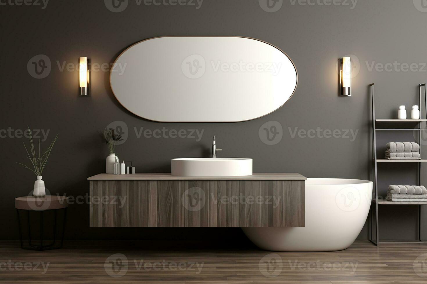 AI generated 3d rendered Minimal style black theme Modern bathroom interior design with bathtub photo