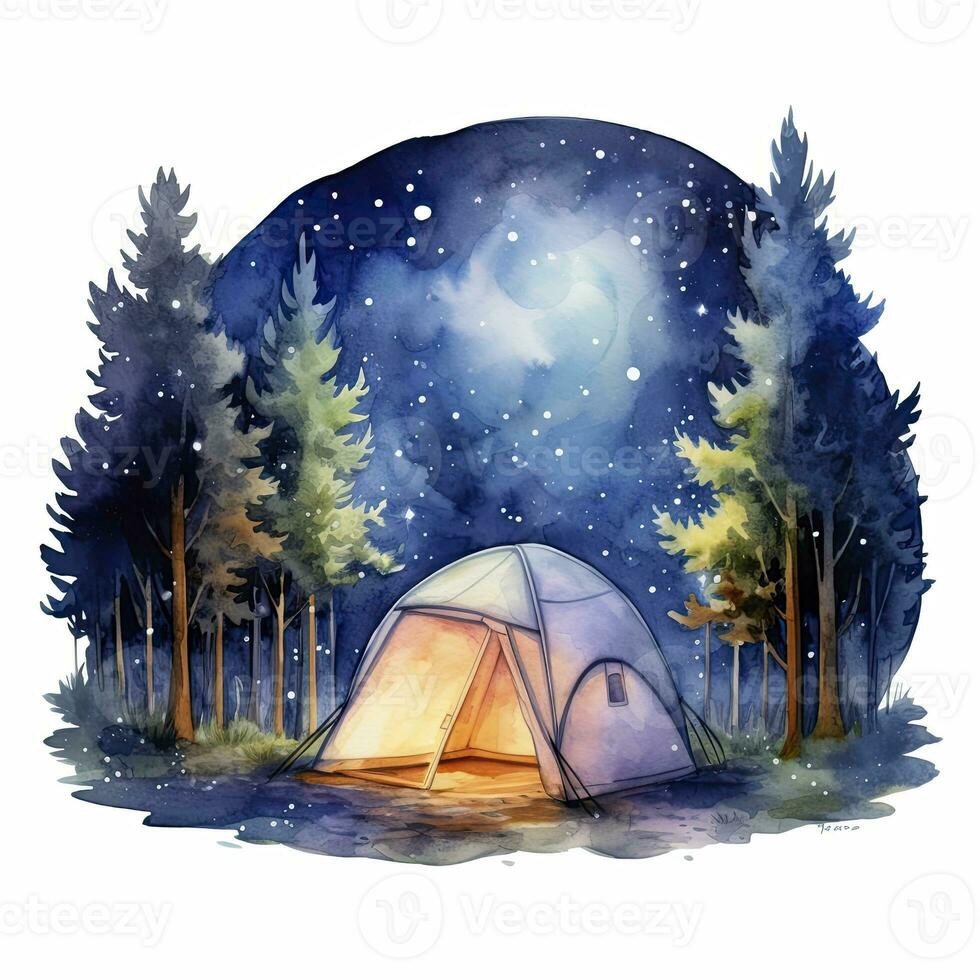 AI generated A Camping Tent in the forest with Night sky, watercolor for T-shirt Design. AI Generated photo