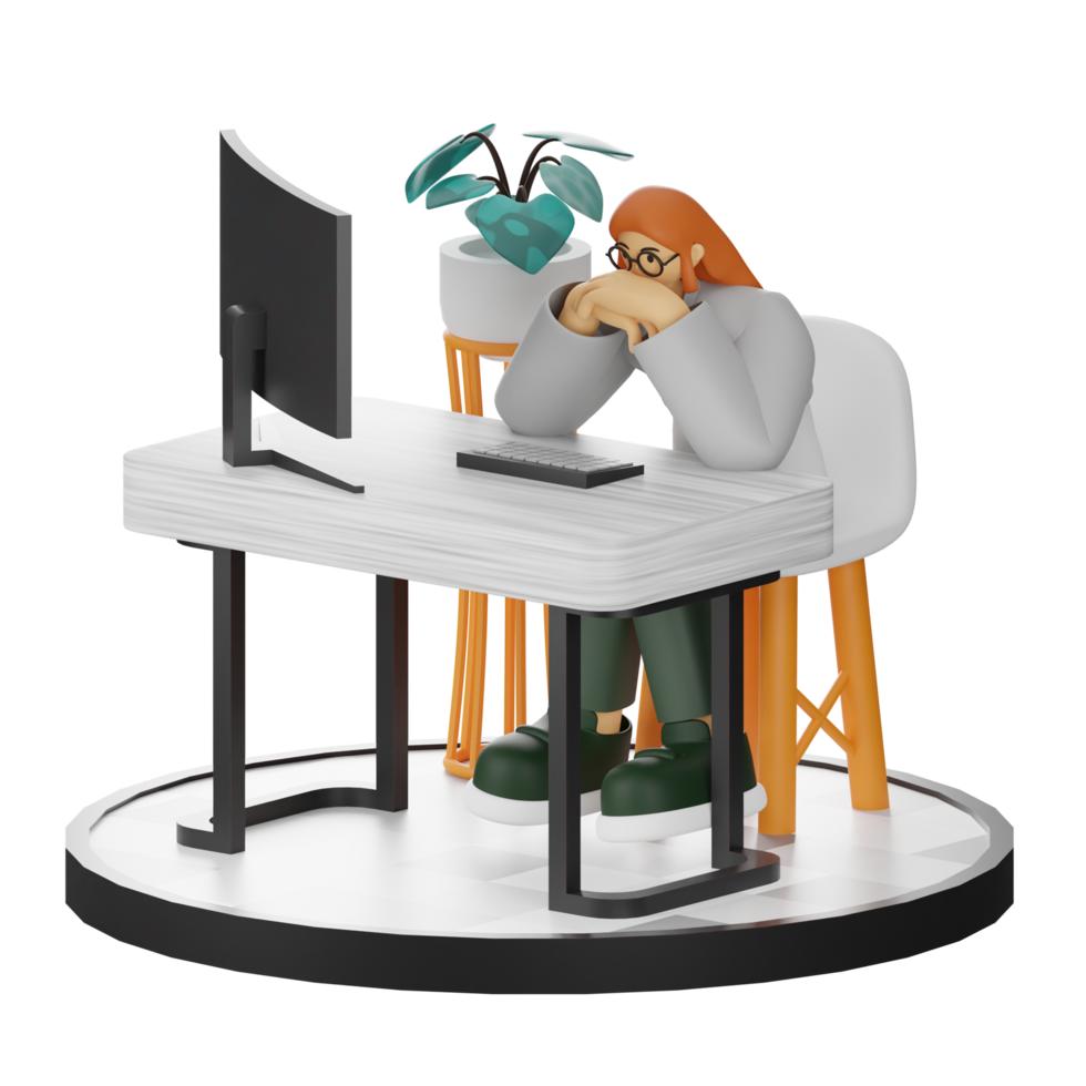 3D Illustration of a Teenage Female Programmer at the Computer Desk png