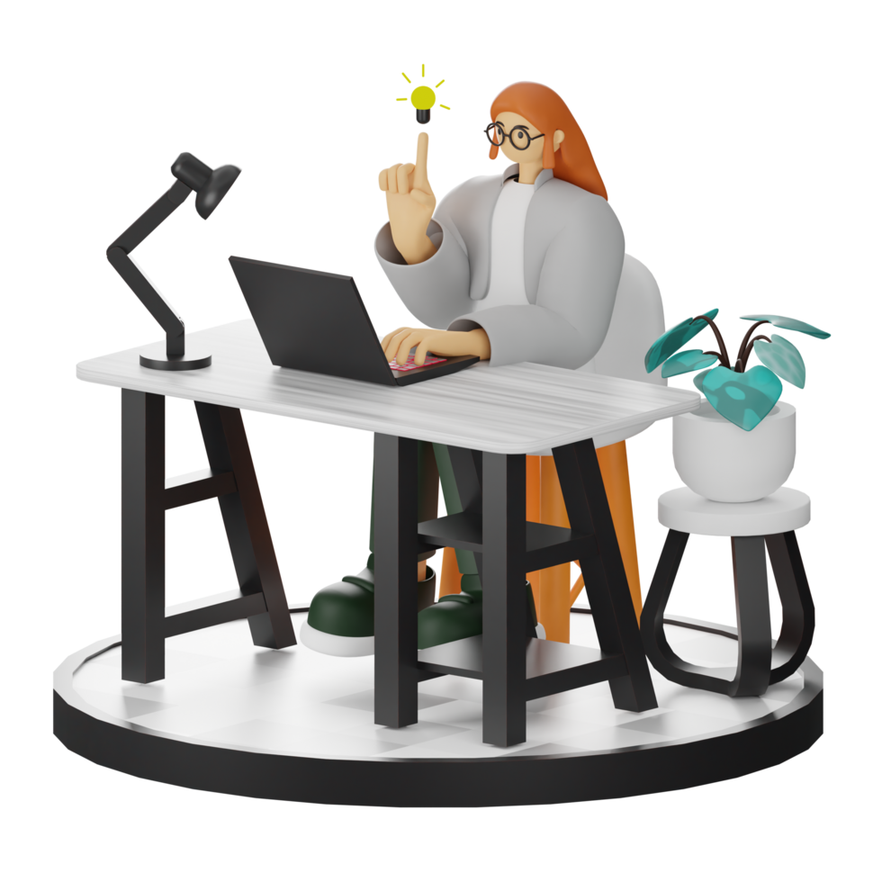 3D Illustration of a Teenage Female Programmer at the Computer Desk png