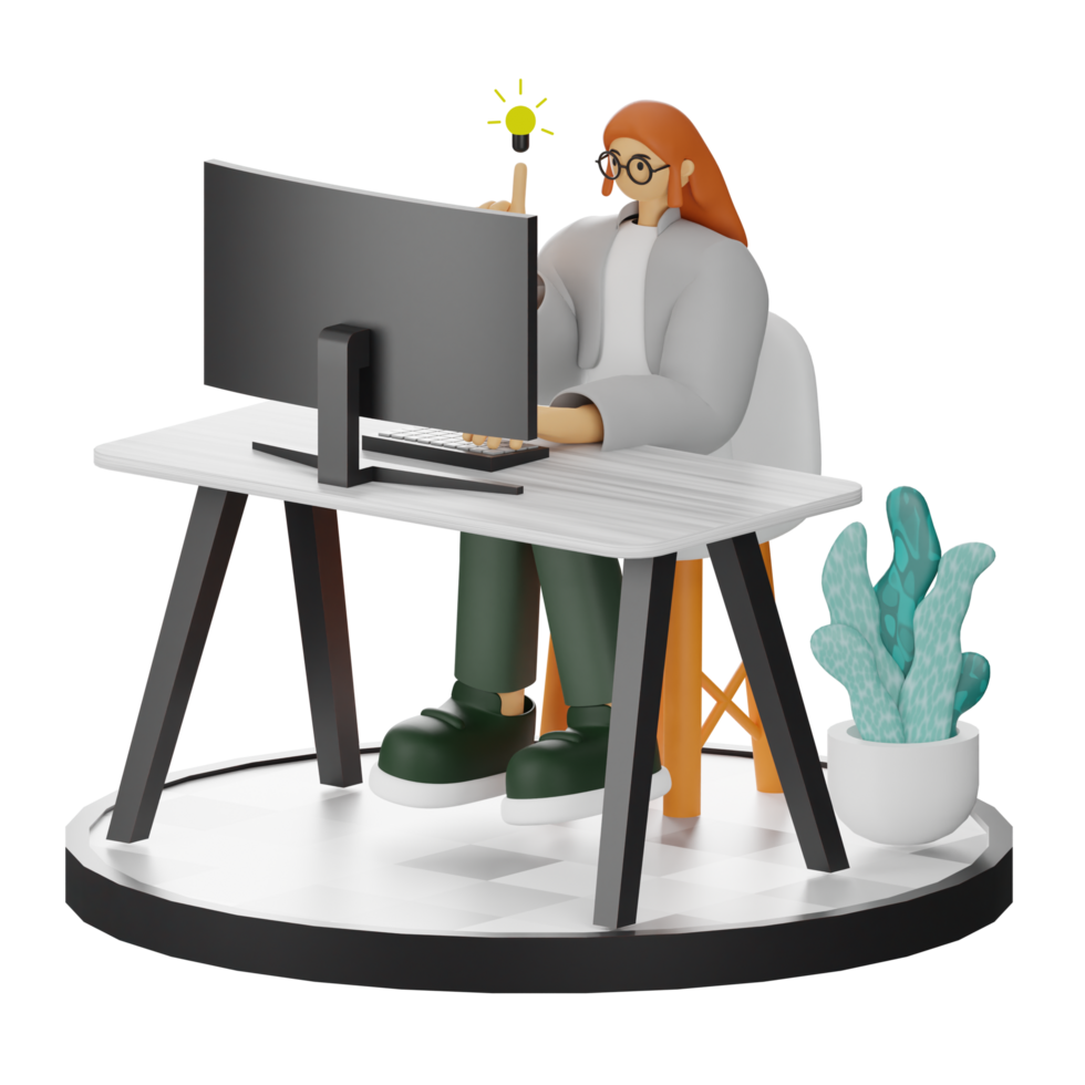 3D Illustration of a Teenage Female Programmer at the Computer Desk png