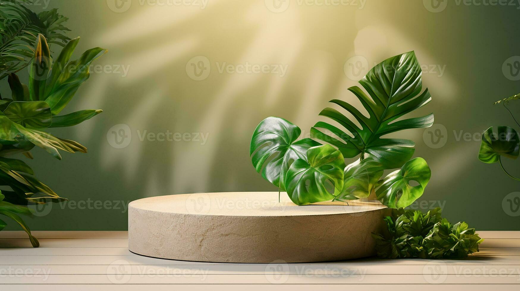 AI generated 3d rendered abstract empty display podium with leaves Minimal scene for product display presentation photo