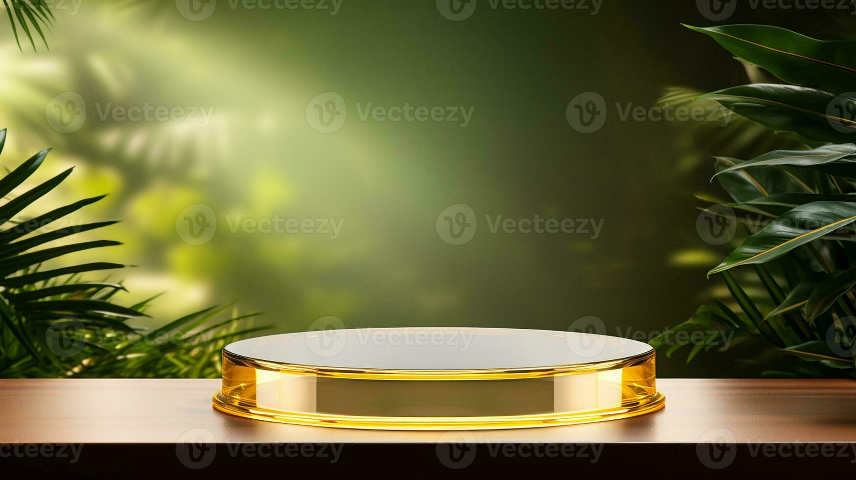 AI generated 3d rendered empty display elegant luxury black and gold theme podium with leaves Minimal scene for product display presentation photo