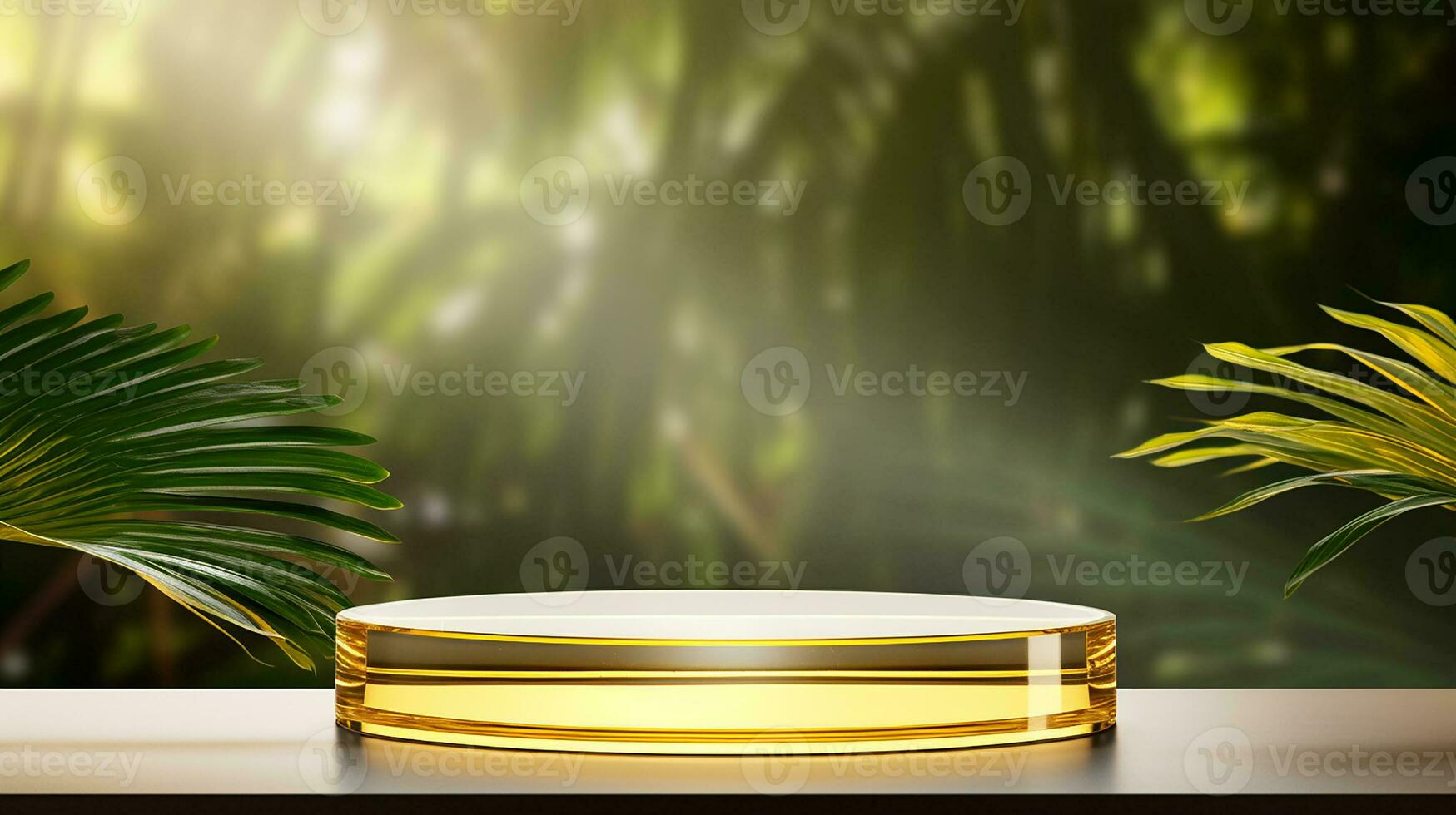 AI generated 3d rendered empty display elegant luxury black and gold theme podium with leaves Minimal scene for product display presentation photo