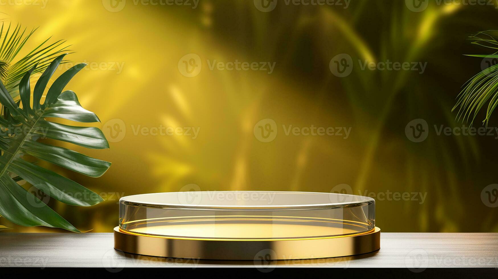 AI generated 3d rendered empty display elegant luxury black and gold theme podium with leaves Minimal scene for product display presentation photo