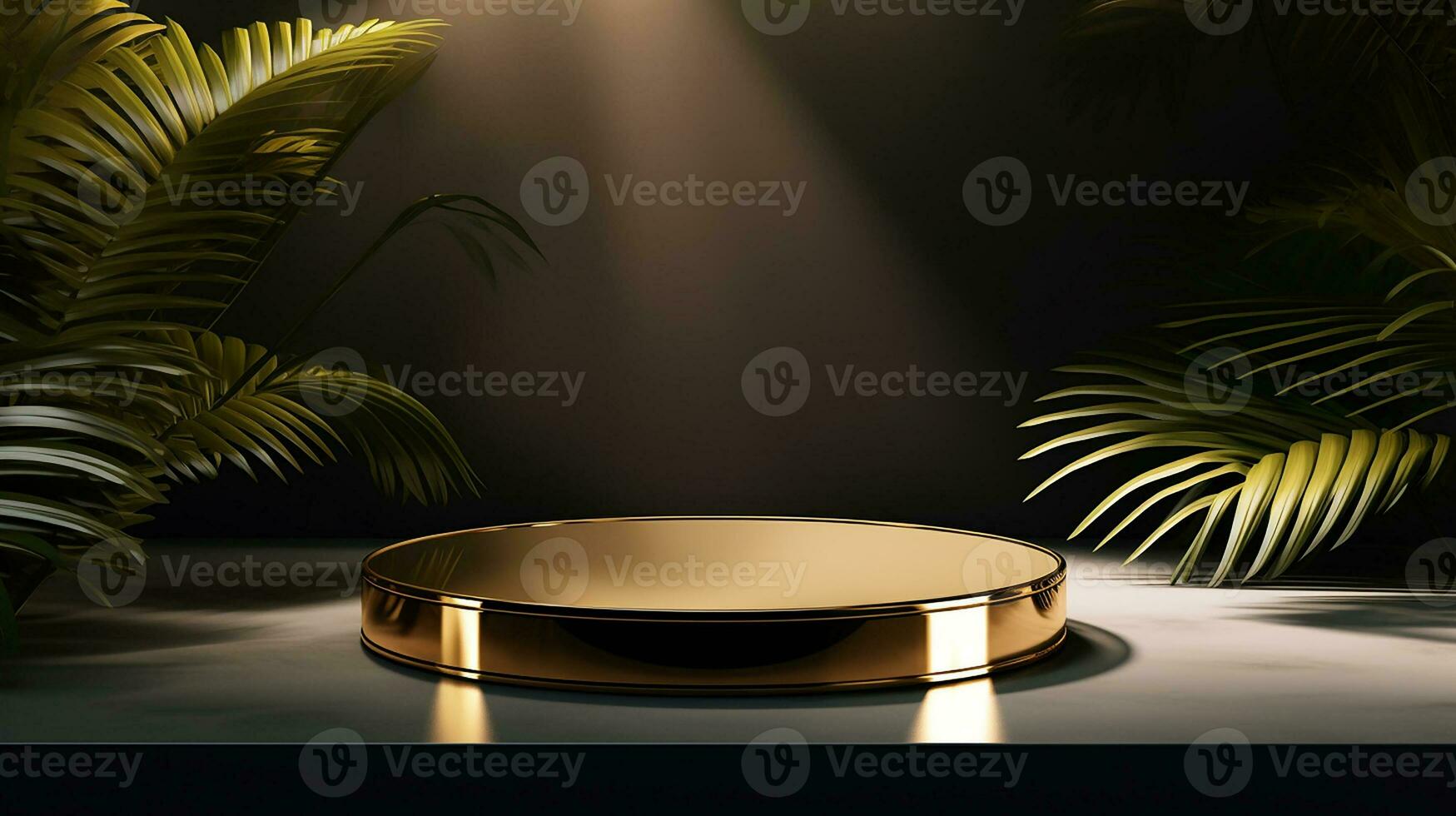 AI generated 3d rendered empty display elegant luxury black and gold theme podium with leaves Minimal scene for product display presentation photo