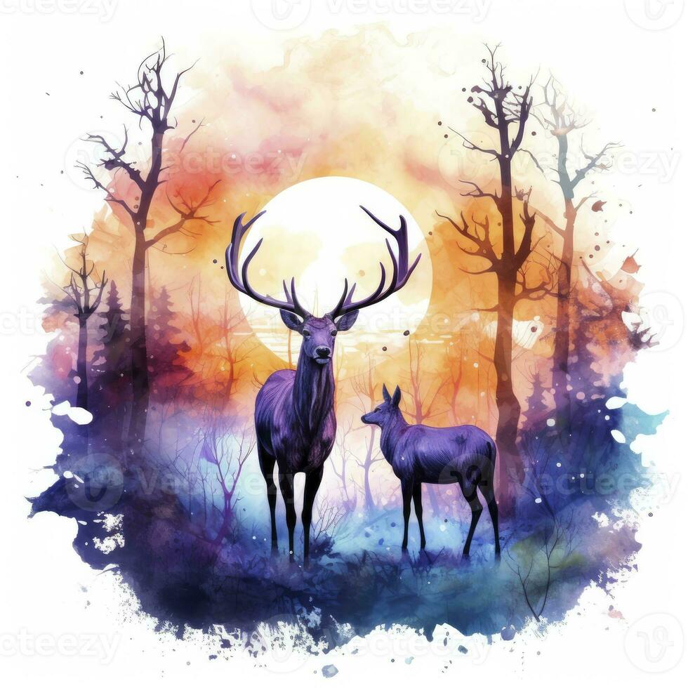 AI generated Colorful Deers in Forest. T-shirt design. AI Generated photo