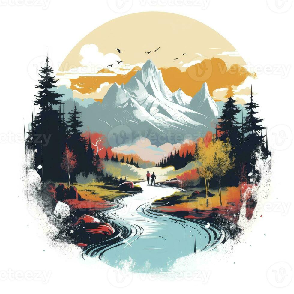 AI generated Vibrant colors wilderness hiking scene for t-shirt. AI Generated photo