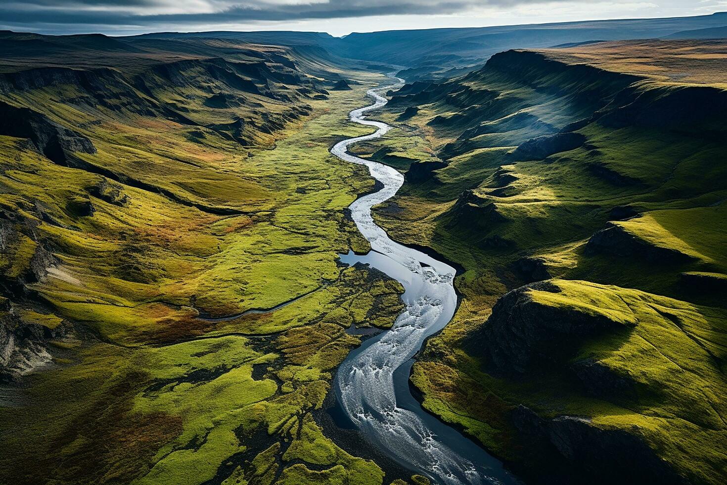 AI generated drone aerial birds eye view of a large green grass forest with tall trees and a big blue bendy river flowing through the forest photo