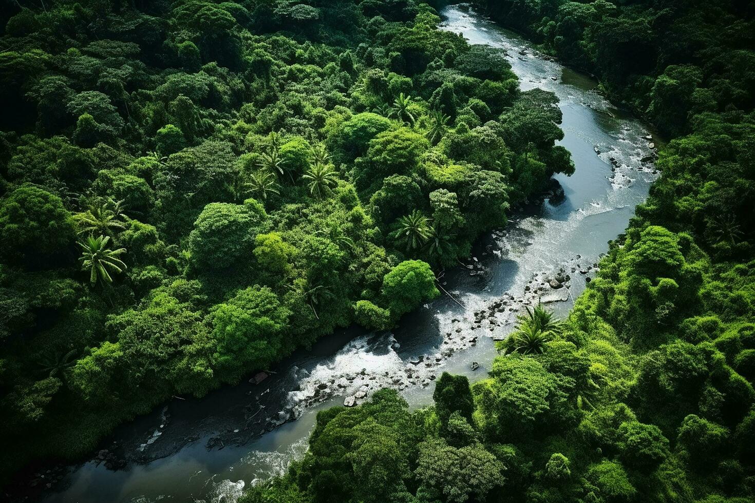 AI generated drone aerial birds eye view of a large green grass forest with tall trees and a big blue bendy river flowing through the forest photo