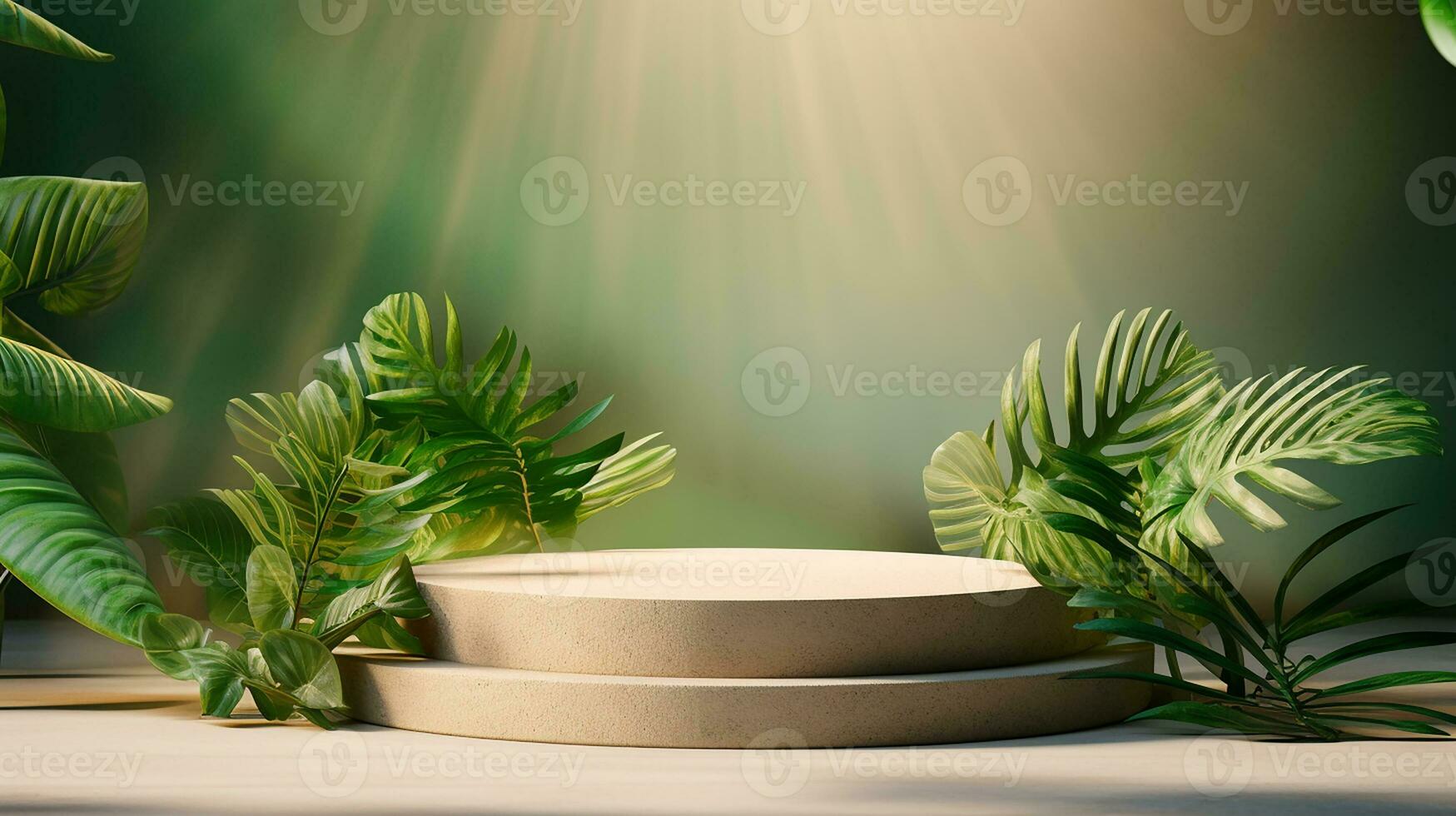 AI generated 3d rendered abstract empty display podium with leaves Minimal scene for product display presentation photo