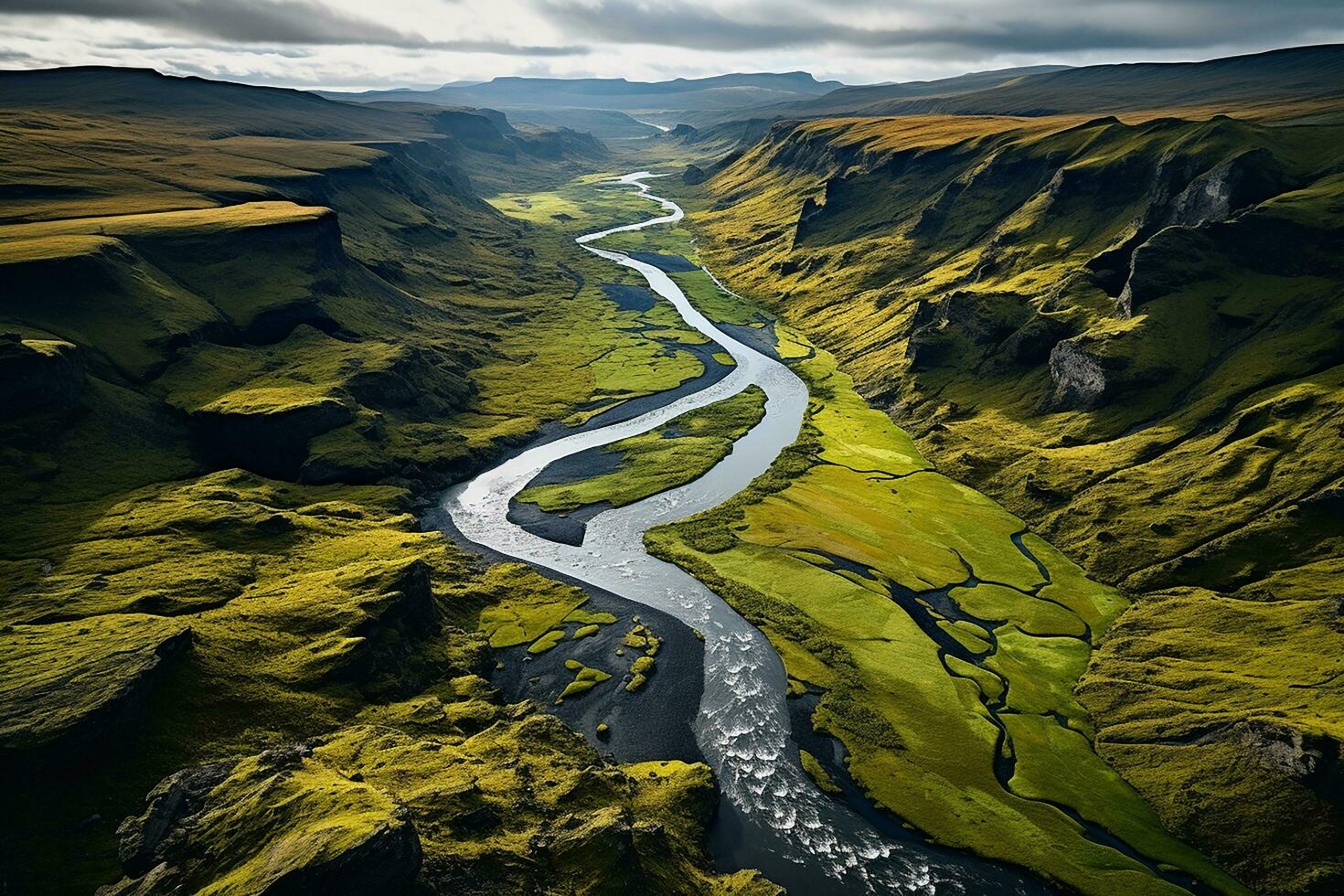 AI generated drone aerial birds eye view of a large green grass forest with tall trees and a big blue bendy river flowing through the forest photo